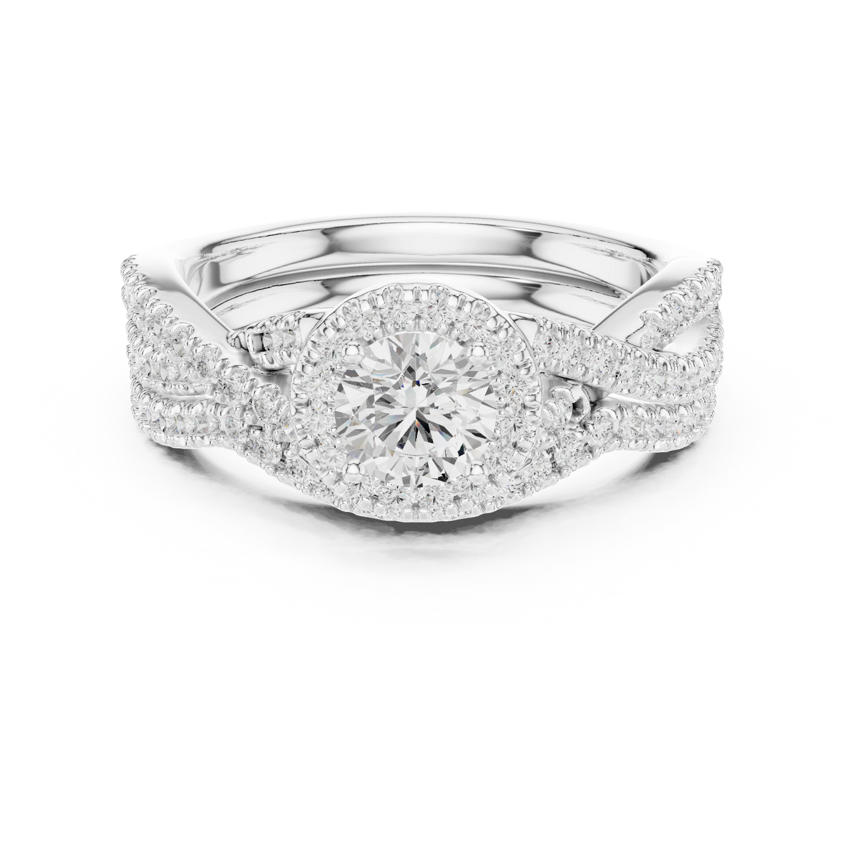 Round Halo Twisted Pavé Moissanite Bridal Ring Set in white 925 sterling silver, view 4