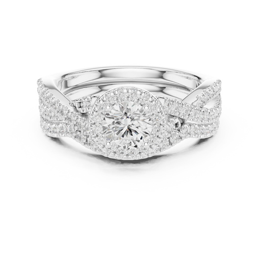 Round Halo Twisted Pavé Moissanite Bridal Ring Set in white 925 sterling silver, view 4