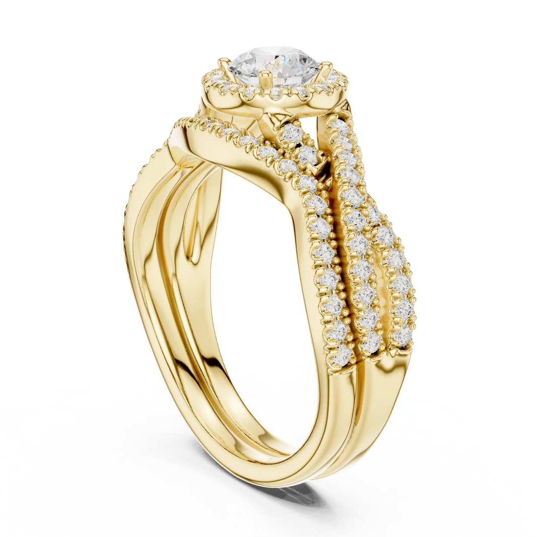 Round Halo Twisted Pavé Moissanite Bridal Ring Set in yellow 925 sterling silver, view 1