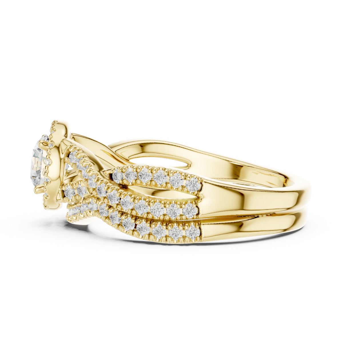 Round Halo Twisted Pavé Moissanite Bridal Ring Set in yellow 925 sterling silver, view 3