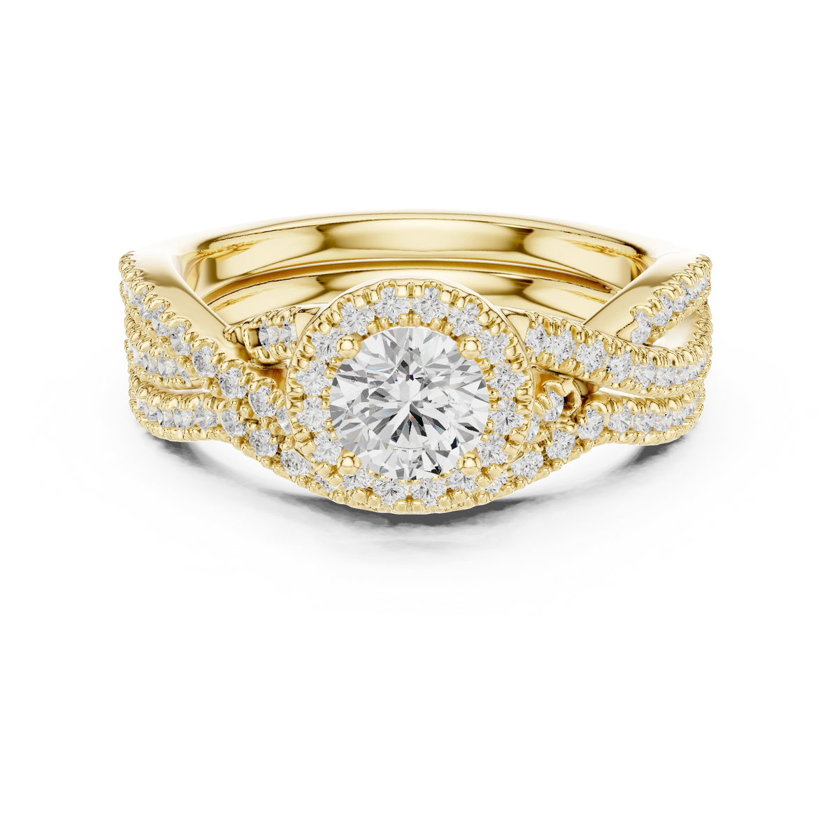 Round Halo Twisted Pavé Moissanite Bridal Ring Set in yellow 925 sterling silver, view 4