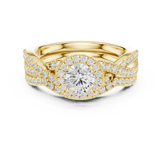 Round Halo Twisted Pavé Moissanite Bridal Ring Set in yellow 925 sterling silver, view 4