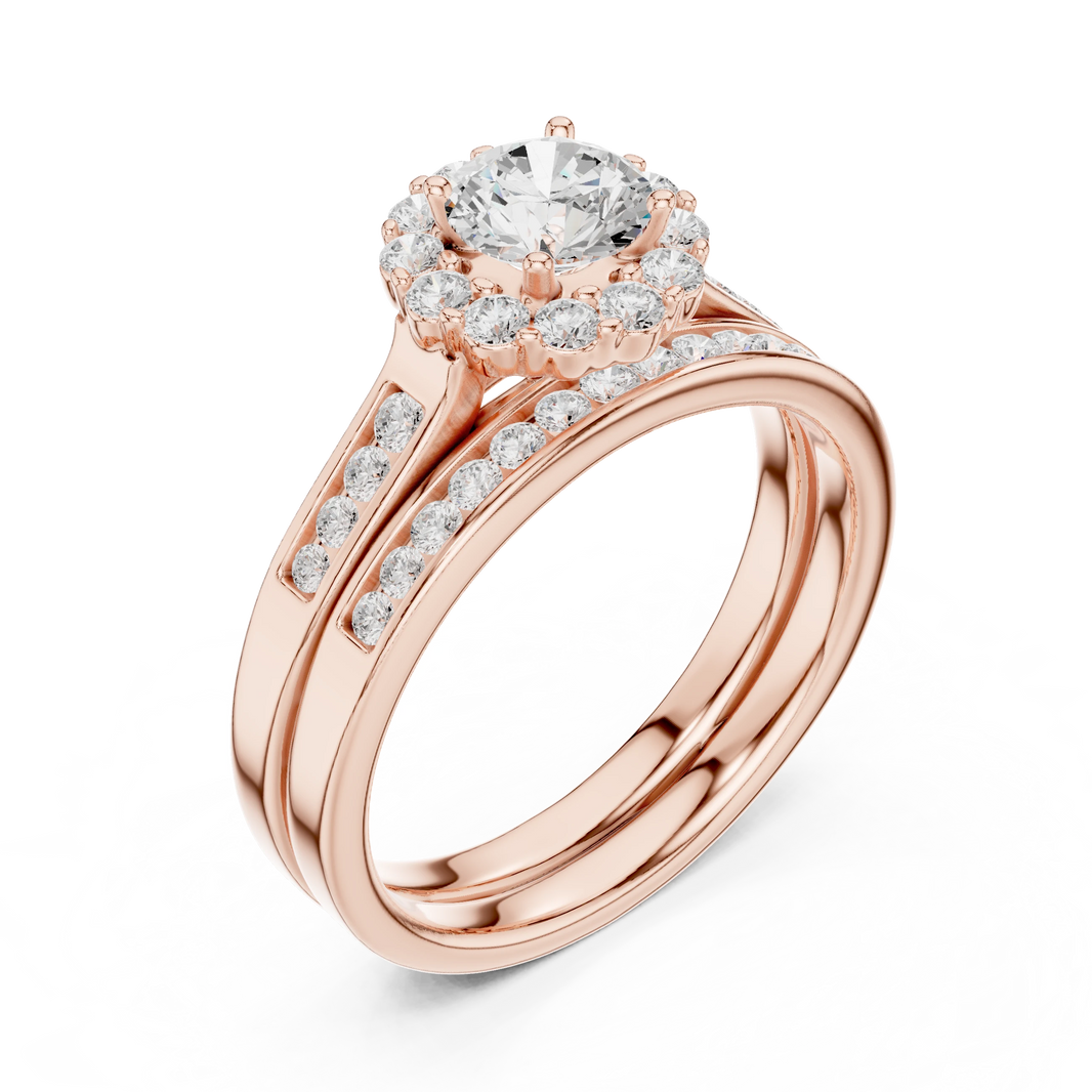 Round Cluster Halo Channel Set Moissanite Bridal Ring Set in rose 925 sterling silver, view 2