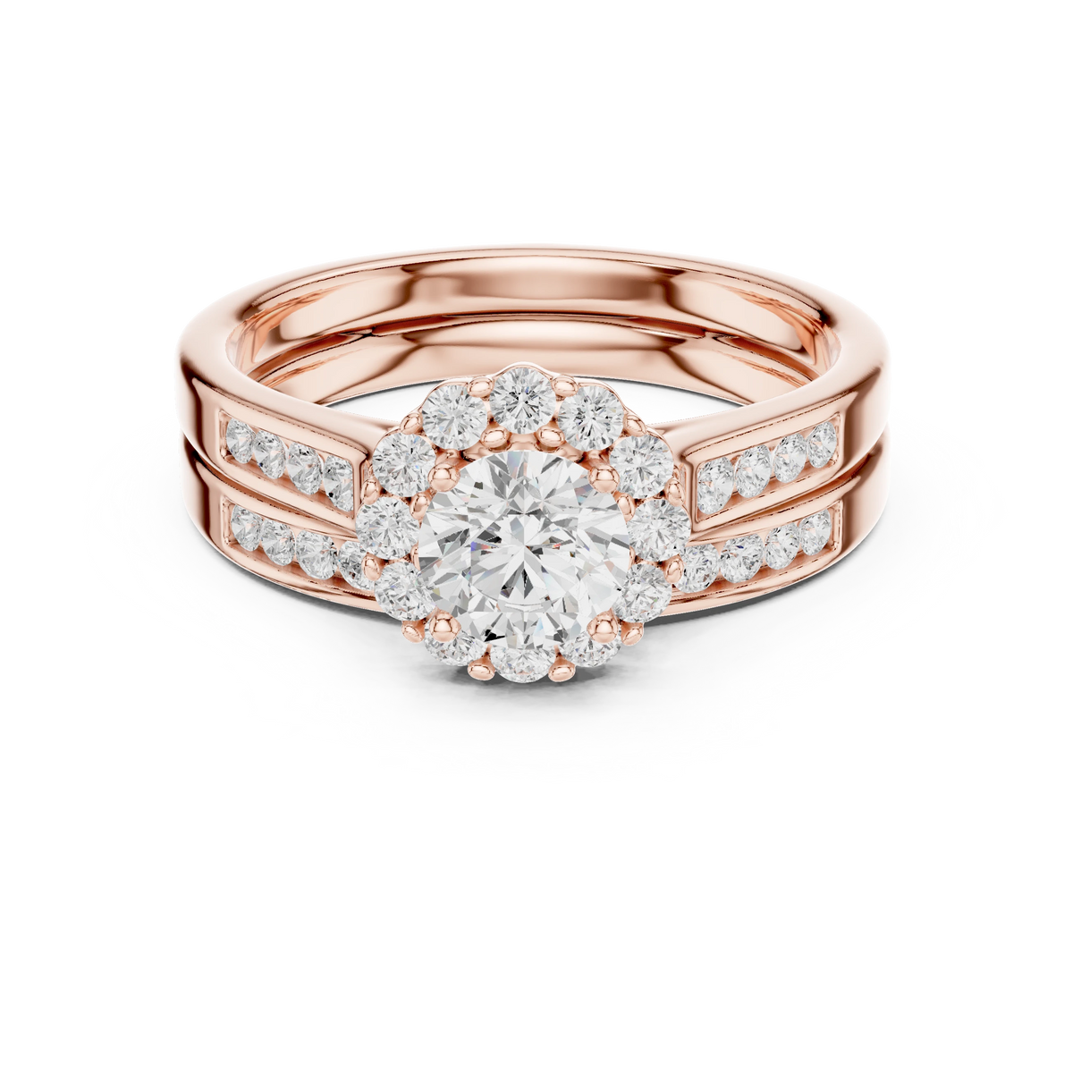 Round Cluster Halo Channel Set Moissanite Bridal Ring Set in rose 925 sterling silver, view 4