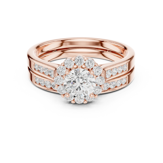 Round Cluster Halo Channel Set Moissanite Bridal Ring Set in rose 925 sterling silver, view 4