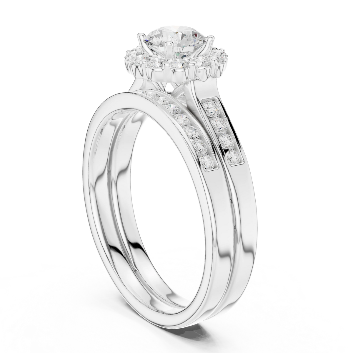 Round Cluster Halo Channel Set Moissanite Bridal Ring Set in white 925 sterling silver, view 1
