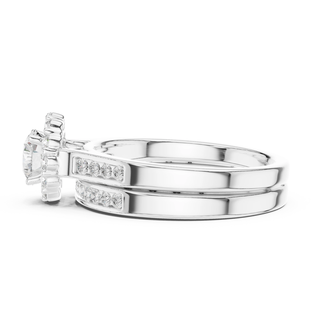 Round Cluster Halo Channel Set Moissanite Bridal Ring Set in white 925 sterling silver, view 3