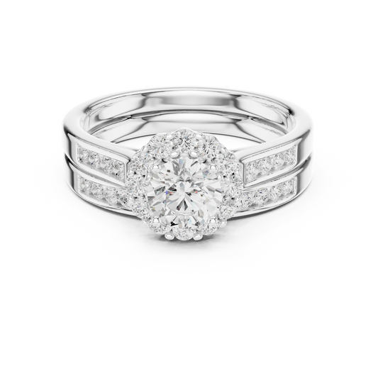 Round Cluster Halo Channel Set Moissanite Bridal Ring Set in white 925 sterling silver, view 4