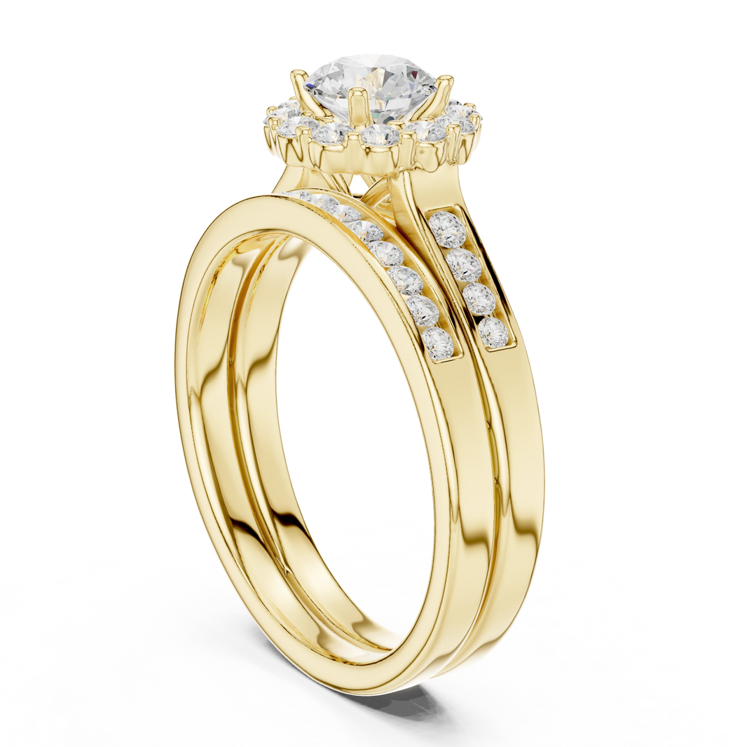 Round Cluster Halo Channel Set Moissanite Bridal Ring Set in yellow 925 sterling silver, view 1
