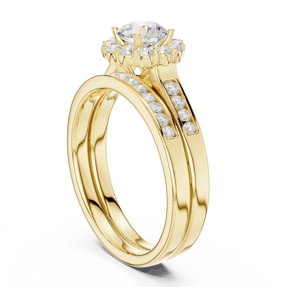 Round Cluster Halo Channel Set Moissanite Bridal Ring Set in yellow 925 sterling silver, view 1
