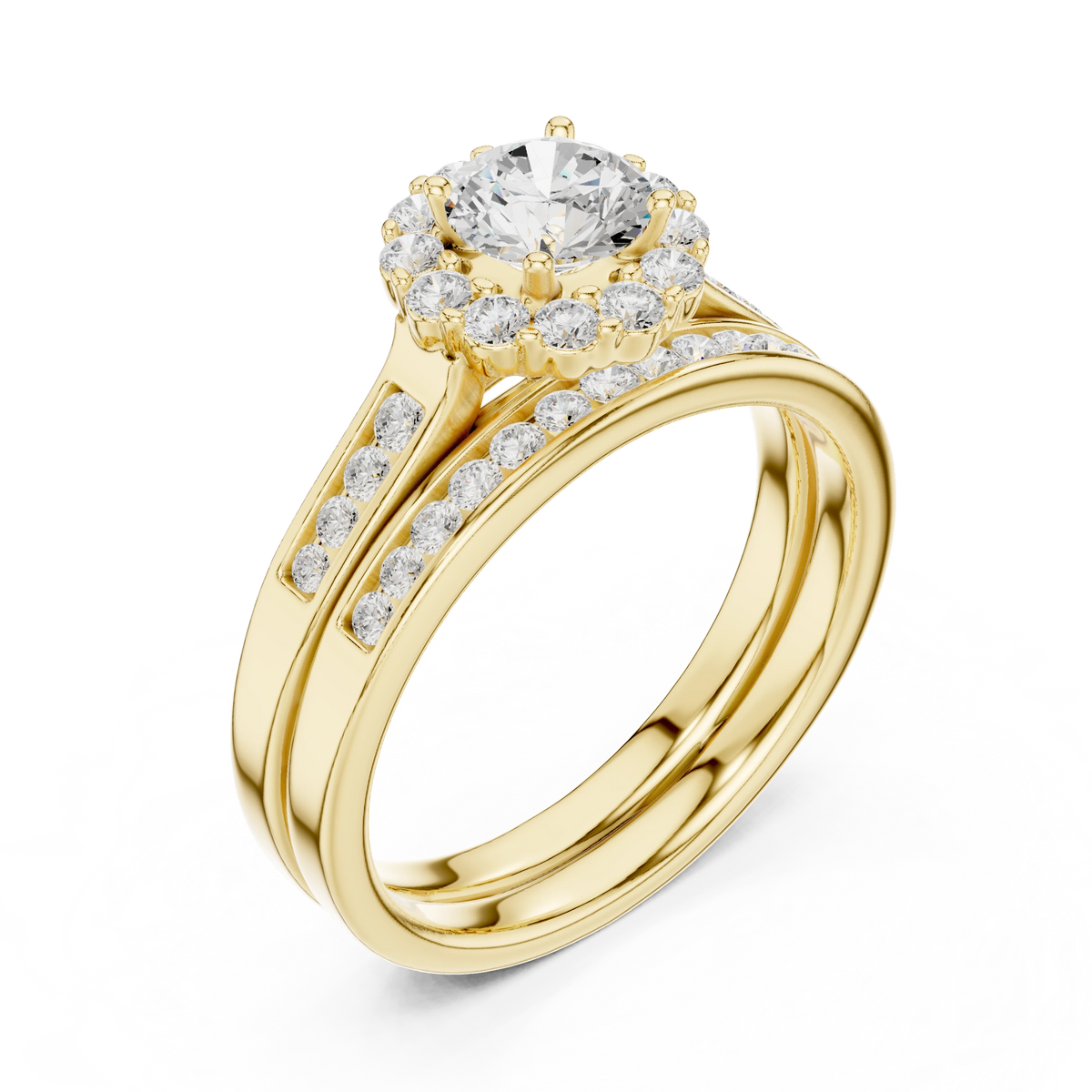 Round Cluster Halo Channel Set Moissanite Bridal Ring Set in yellow 925 sterling silver, view 2