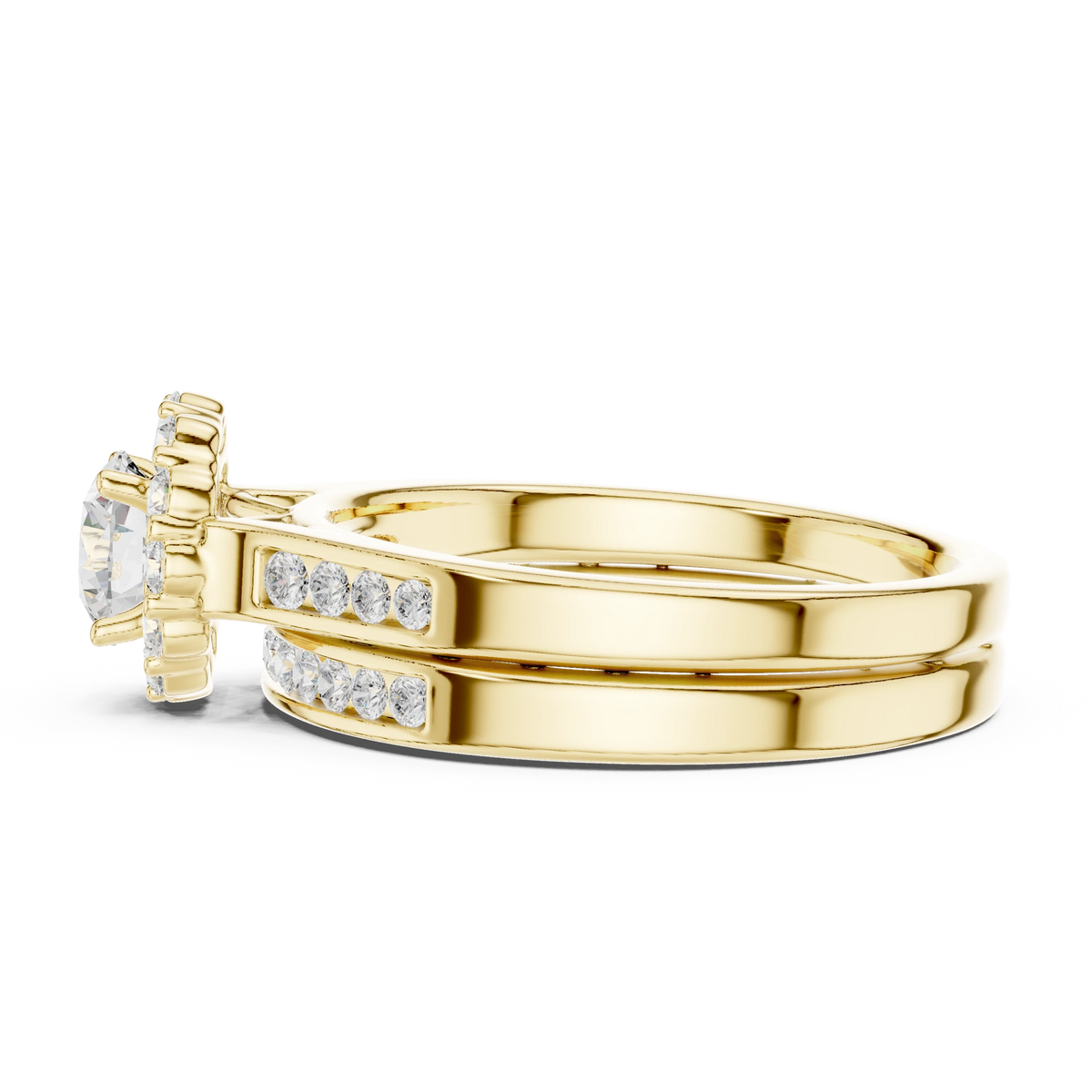 Round Cluster Halo Channel Set Moissanite Bridal Ring Set in yellow 925 sterling silver, view 3