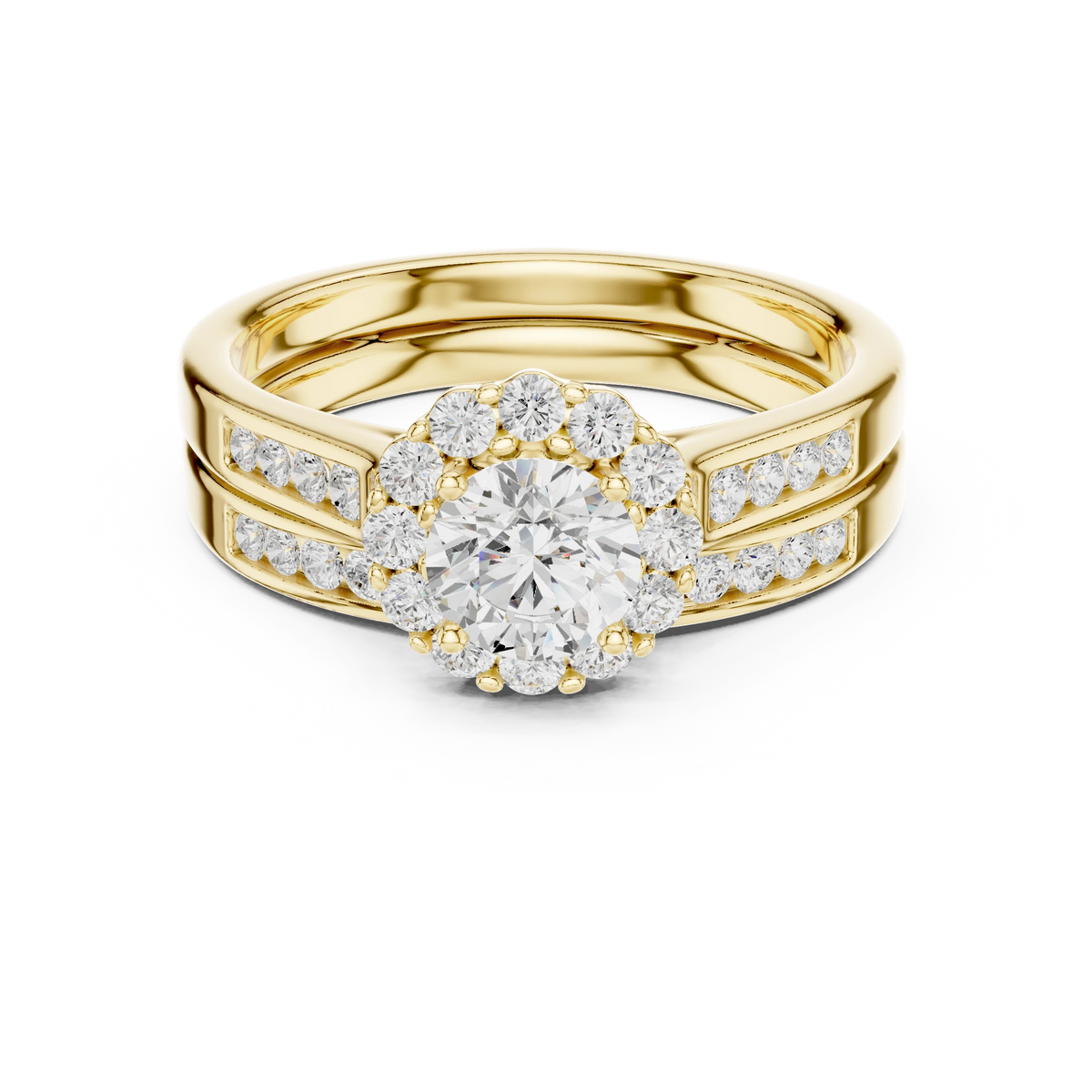 Round Cluster Halo Channel Set Moissanite Bridal Ring Set in yellow 925 sterling silver, view 4