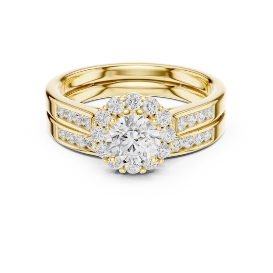 Round Cluster Halo Channel Set Moissanite Bridal Ring Set in yellow 925 sterling silver, view 4