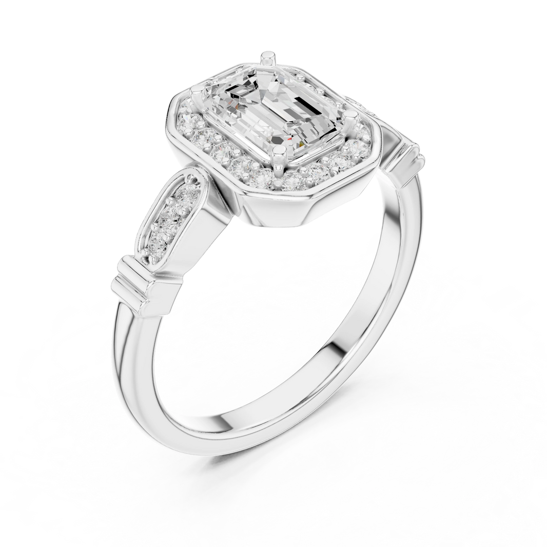 Emerald Cut Octagon Halo Art Deco Moissanite Engagement Ring in white 925 sterling silver, view 2