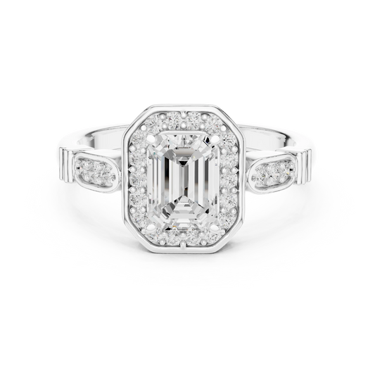 Emerald Cut Octagon Halo Art Deco Moissanite Engagement Ring in white 925 sterling silver, view 4