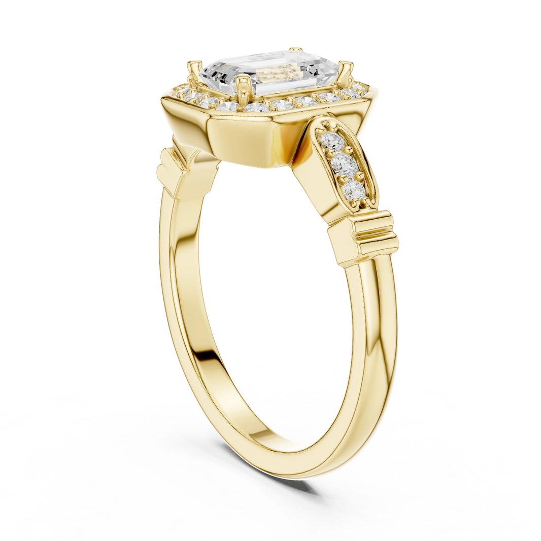 Emerald Cut Octagon Halo Art Deco Moissanite Engagement Ring in yellow 925 sterling silver, view 1