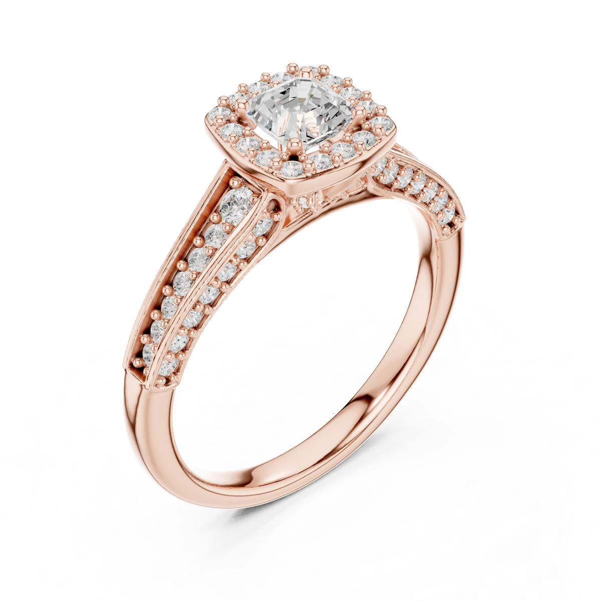 Asscher Cut Halo Split Shank Moissanite Engagement Ring in rose 925 sterling silver, view 2