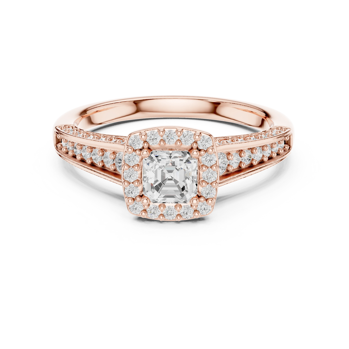 Asscher Cut Halo Split Shank Moissanite Engagement Ring in rose 925 sterling silver, view 4