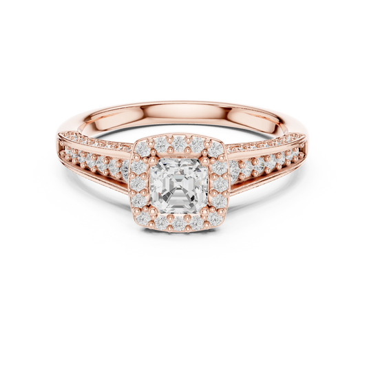 Asscher Cut Halo Split Shank Moissanite Engagement Ring in rose 925 sterling silver, view 4