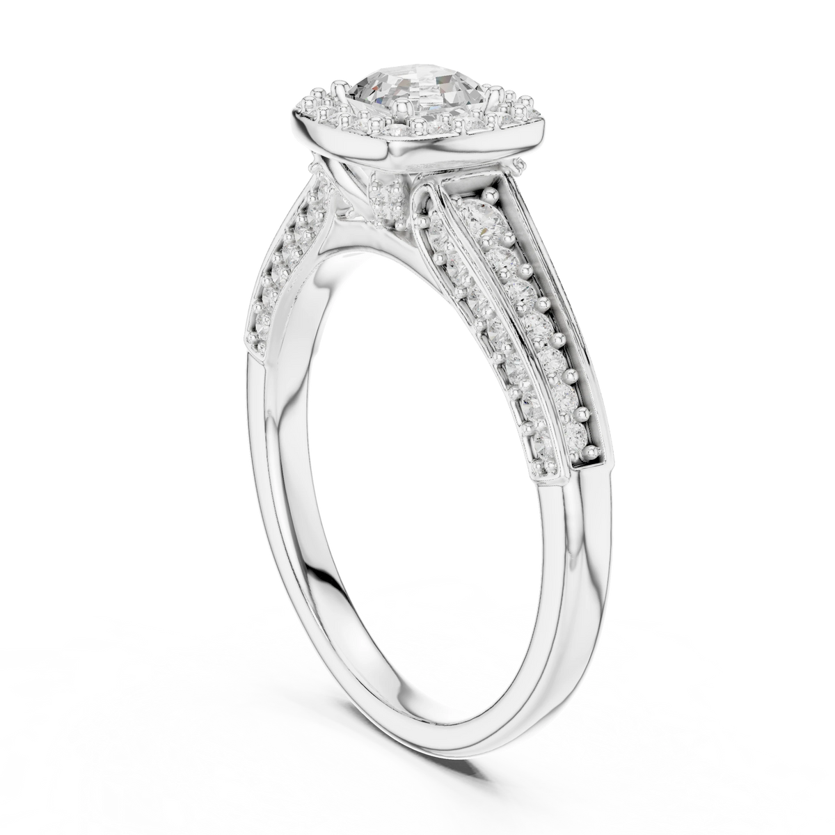 Asscher Cut Halo Split Shank Moissanite Engagement Ring in white 925 sterling silver, view 1