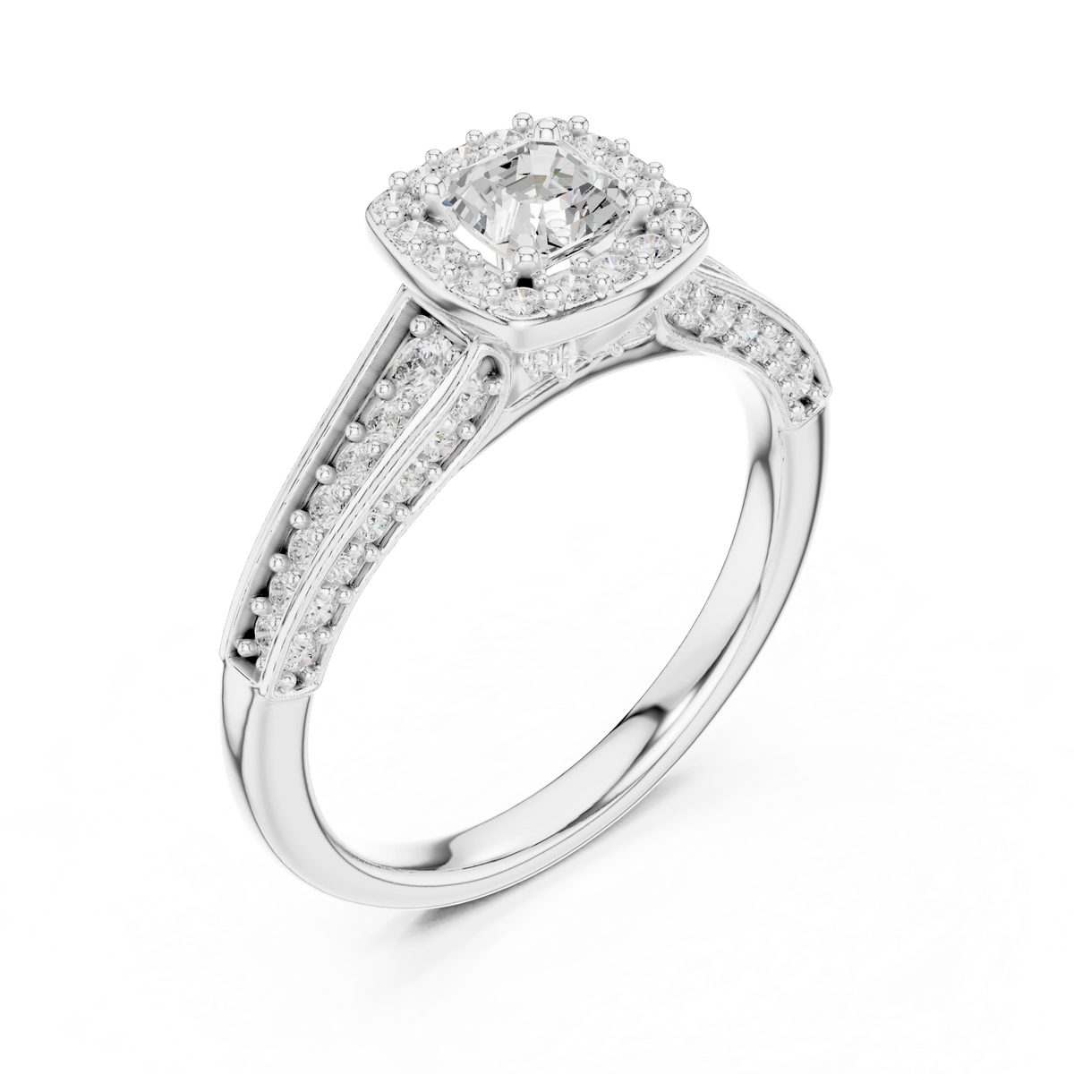 Asscher Cut Halo Split Shank Moissanite Engagement Ring in white 925 sterling silver, view 2
