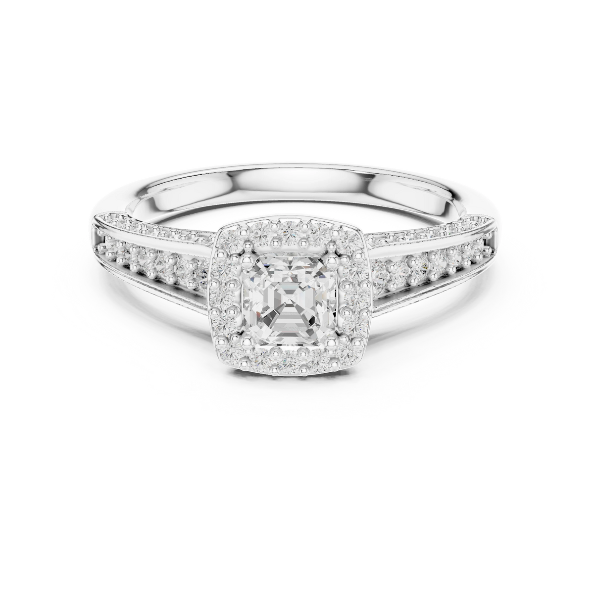 Asscher Cut Halo Split Shank Moissanite Engagement Ring in white 925 sterling silver, view 4