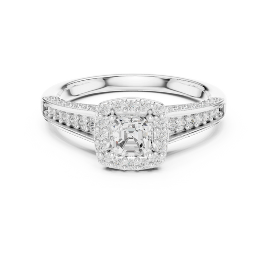 Asscher Cut Halo Split Shank Moissanite Engagement Ring in white 925 sterling silver, view 4