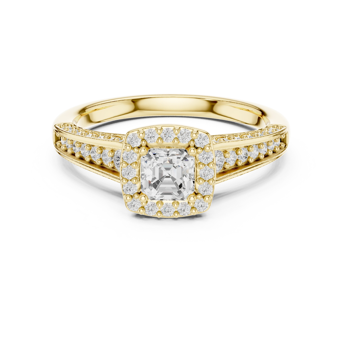 Asscher Cut Halo Split Shank Moissanite Engagement Ring in yellow 925 sterling silver, view 4