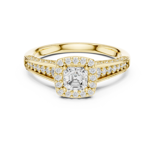 Asscher Cut Halo Split Shank Moissanite Engagement Ring in yellow 925 sterling silver, view 4