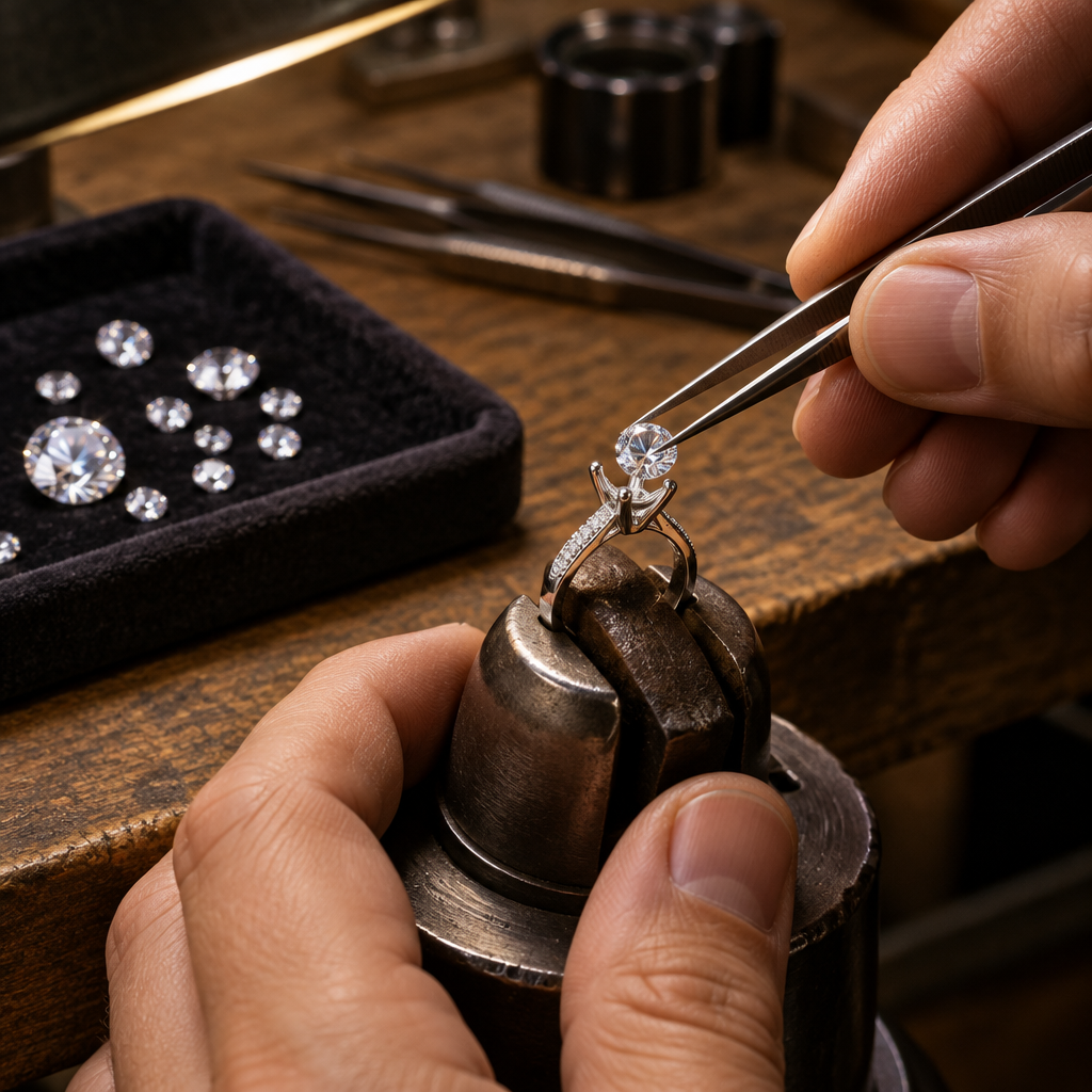 Jeweler setting a moissanite into an engagement ring