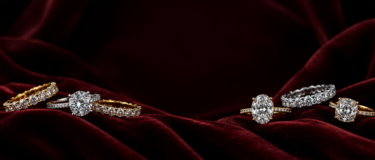 Moissanite rings on burgundy velvet