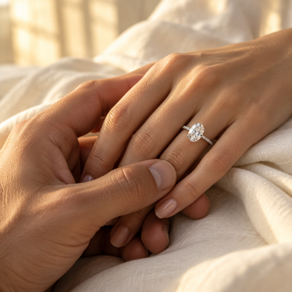 Hands intertwined wearing an oval moissanite engagement ring
