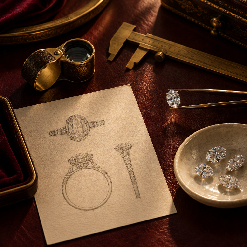 Jewelry atelier workbench with ring sketch, loupe and loose moissanite