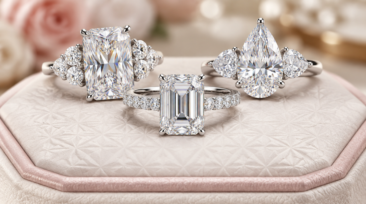 Close-up of three moissanite engagement rings on an ivory leather ring box