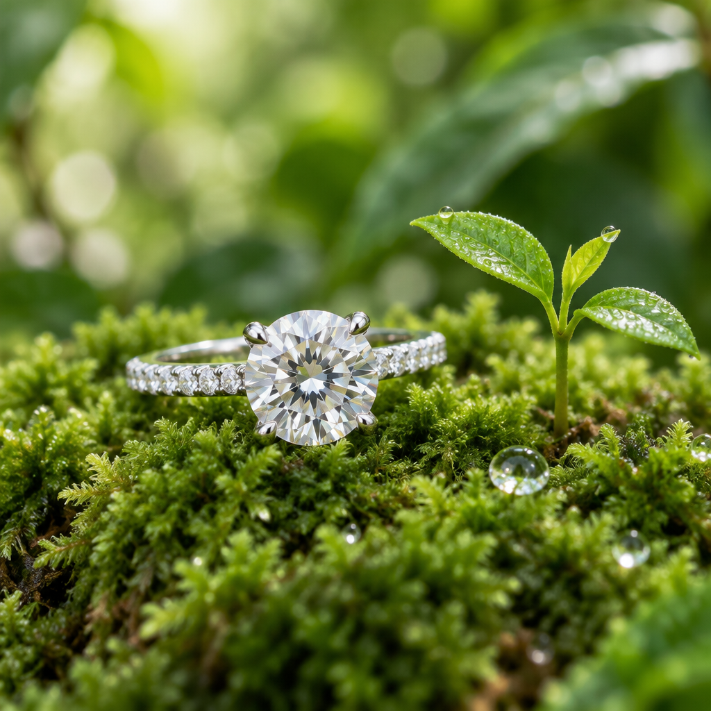 Moissanite solitaire ring resting on fresh green moss