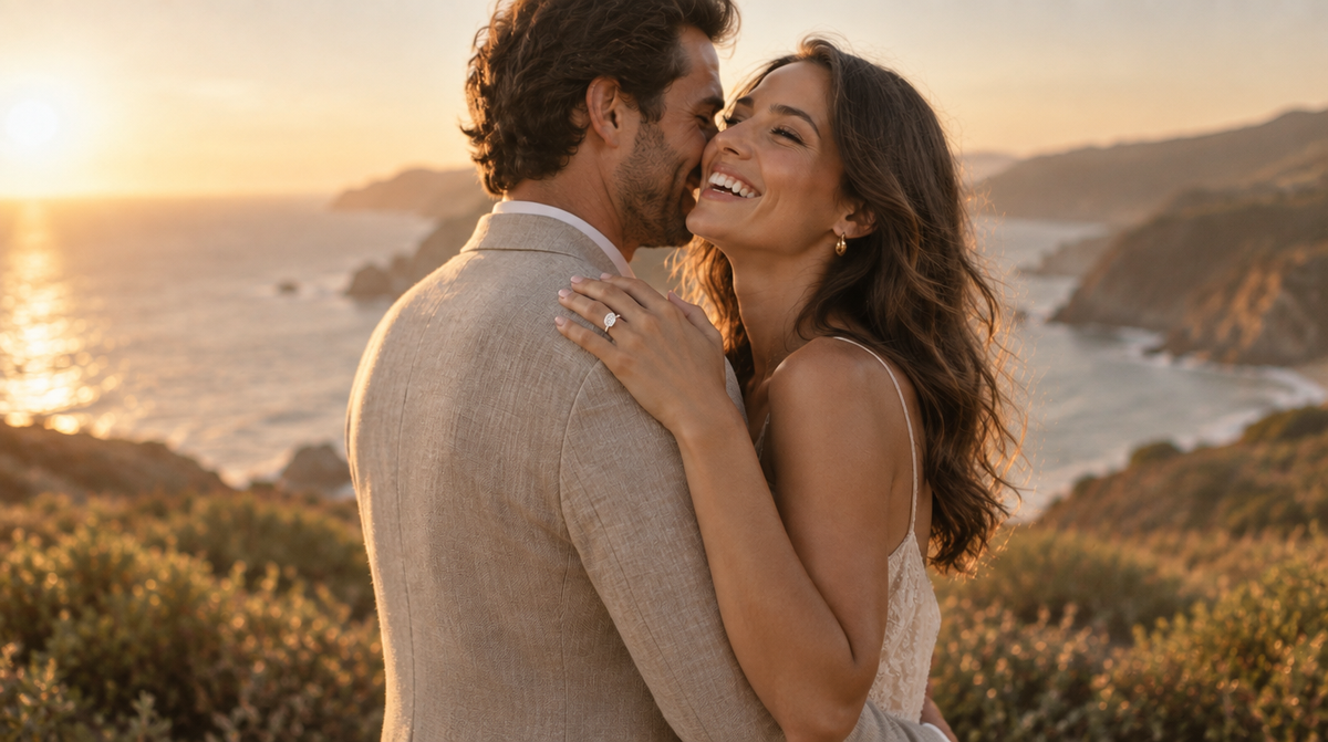 Couple embracing, woman wearing an oval moissanite engagement ring