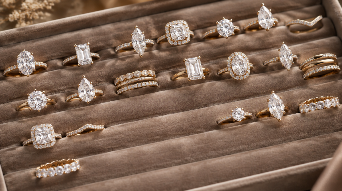 Moissanite engagement rings and bands in yellow gold on a velvet tray
