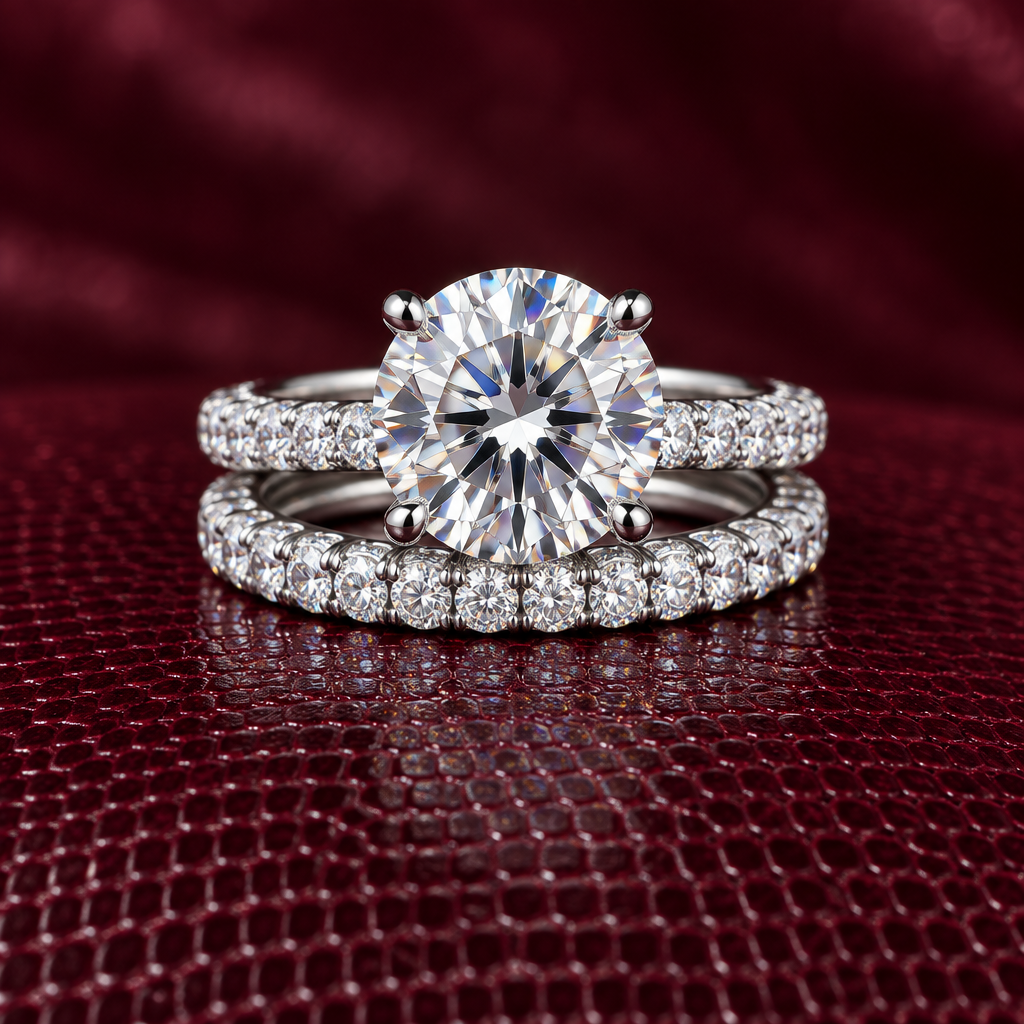 Round moissanite solitaire and eternity band on burgundy leather